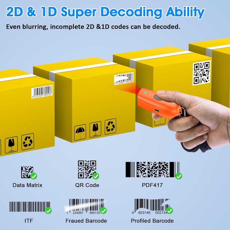 symcode Bluetooth 2D Barcode Scanner Mini QR Portable Barcode Scanner 3-in-1 Bluetooth & 2.4G Wireless & USB Wired Barcode Scanner with Android,iOS,Computers,Windows, 2D QR Orange - Image 2
